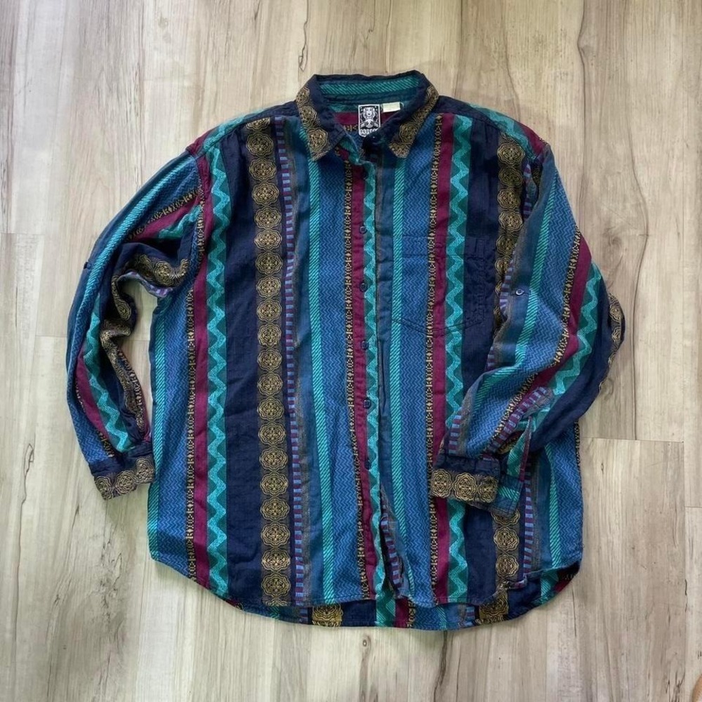Vintage 1990s multi color button up shirt with shoulder pads RARE label
